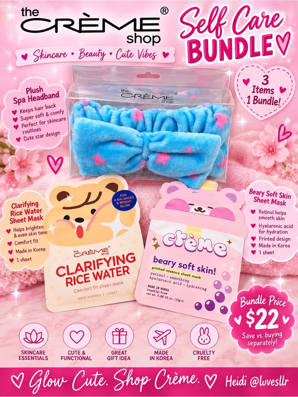 The Crème Shop Self-Care Bundle - Blue Plush Spa Headband & 2 Sheet Masks